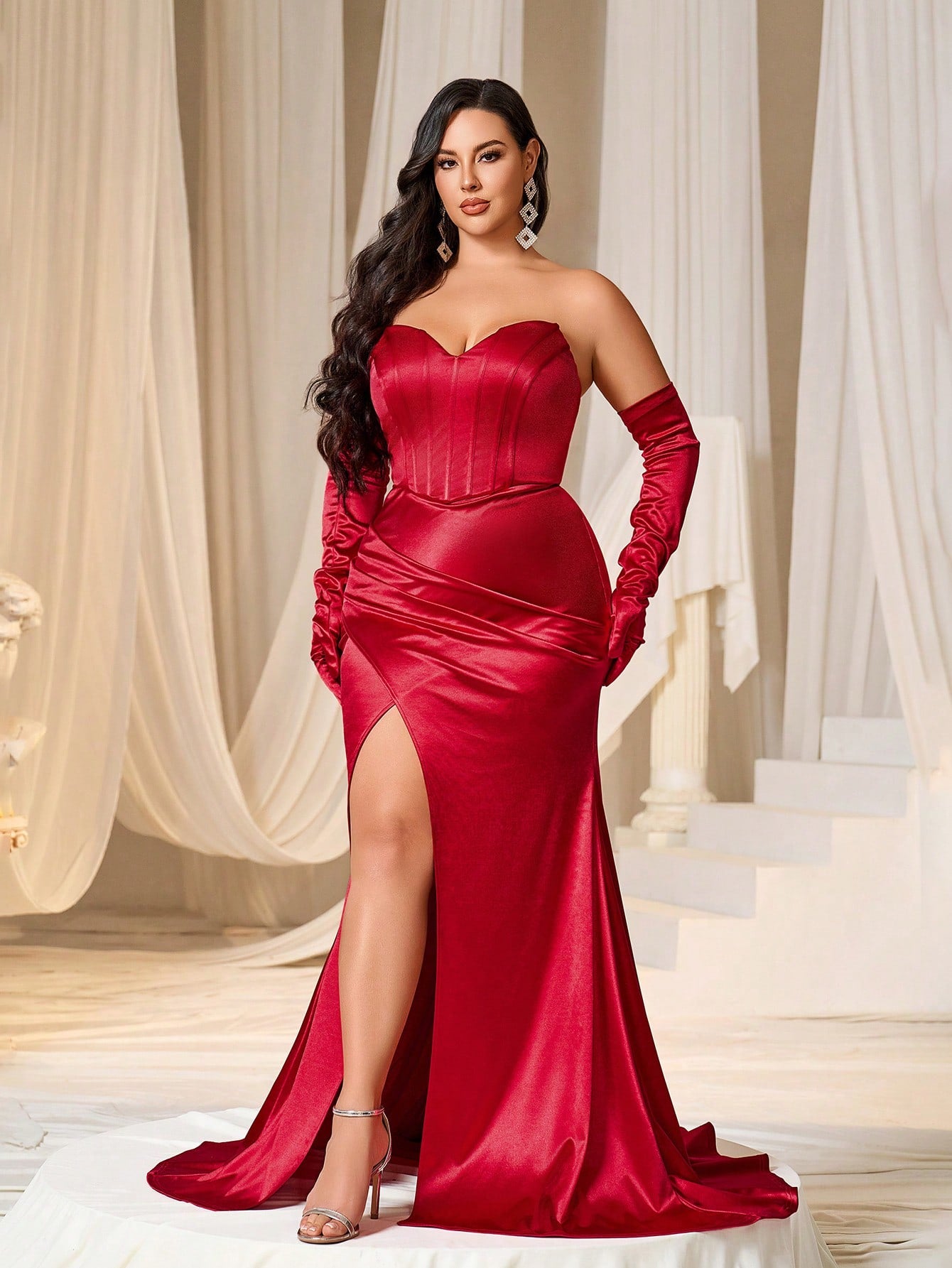 Glamorous Red Plus Size Satin Ruched Strapless  Long Maxi Dress with Gloves-Free Shipping