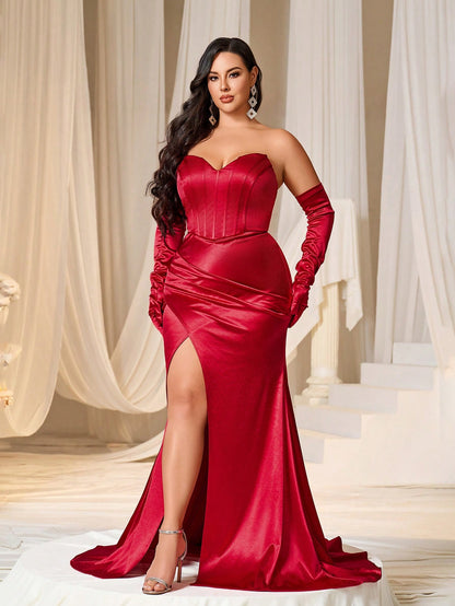 Glamorous Red Plus Size Satin Ruched Strapless  Long Maxi Dress with Gloves-Free Shipping