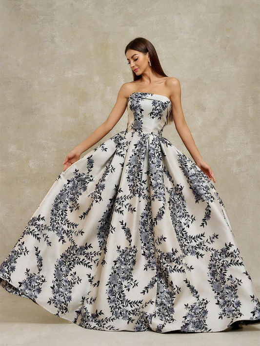 Elegant Silver Floral Strapless Jacquard Fit Flare Evening Long Dress - Free Shipping