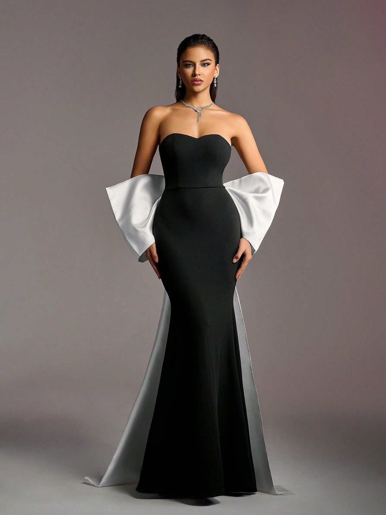 Elegant Black Velvet Mermaid Strapless White Statement Bow Long Dress - Free Shipping