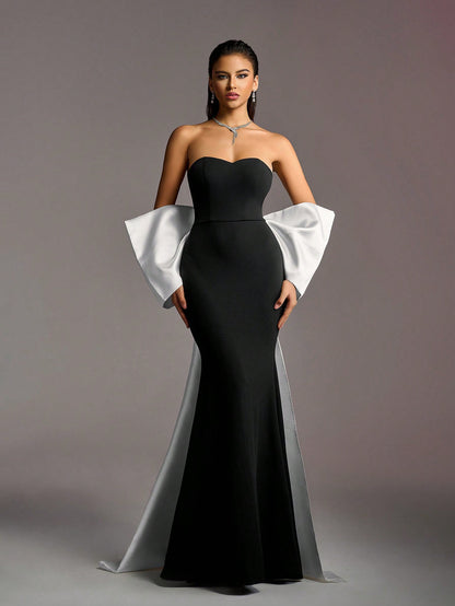 Elegant Black Velvet Mermaid Strapless White Statement Bow Long Dress - Free Shipping