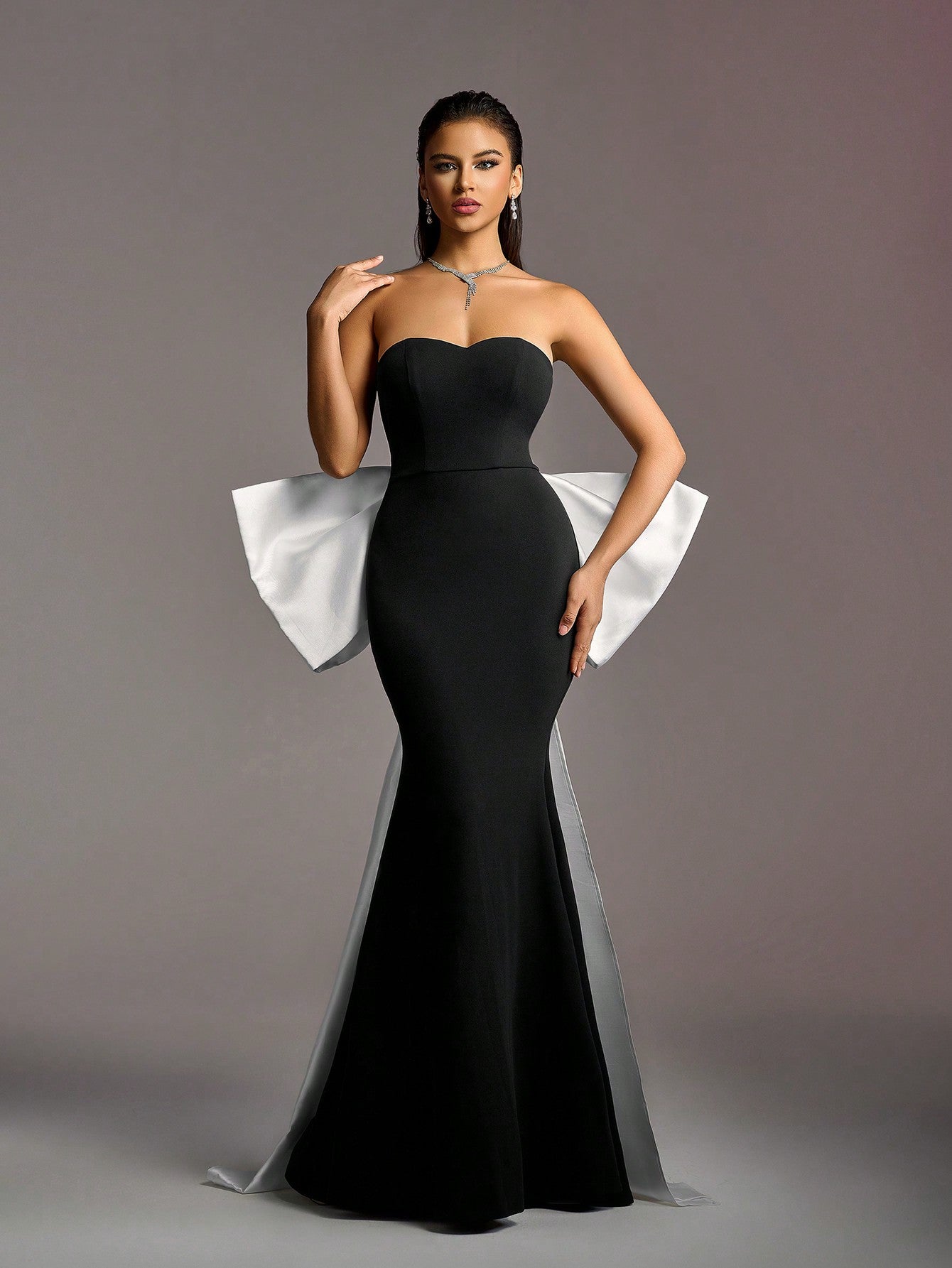 Elegant Black Velvet Mermaid Strapless White Statement Bow Long Dress - Free Shipping