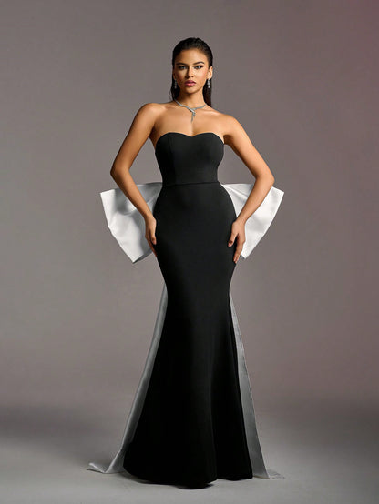 Elegant Black Velvet Mermaid Strapless White Statement Bow Long Dress - Free Shipping