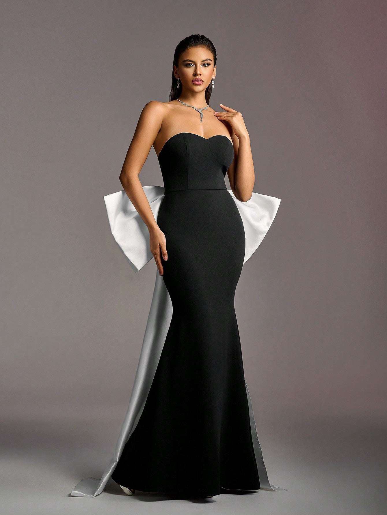 Elegant Black Velvet Mermaid Strapless White Statement Bow Long Dress - Free Shipping