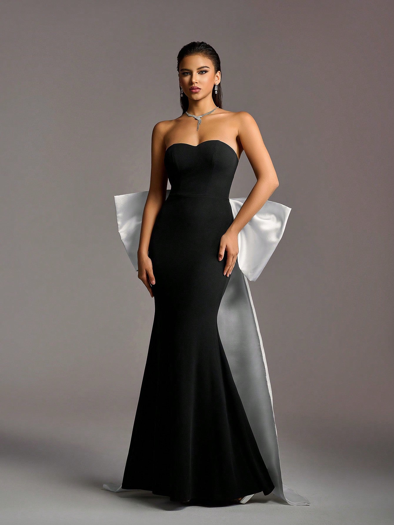 Elegant Black Velvet Mermaid Strapless White Statement Bow Long Dress - Free Shipping