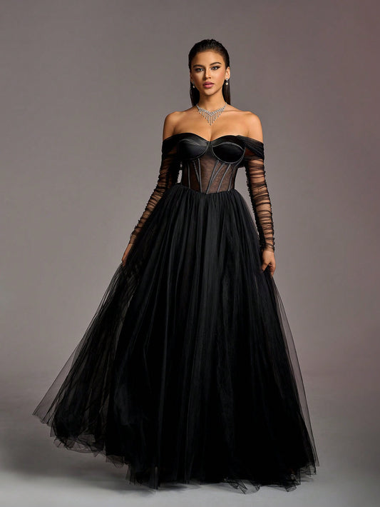 Enchanting Black Off-Shoulder Criss Cross Tie Back Sheer Tulle Long Maxi Dress-Free Shipping