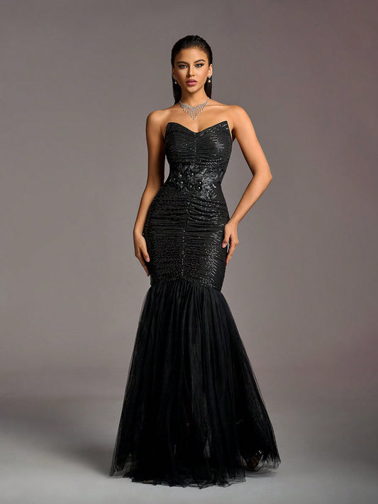 Elegant Black Sequin Ruched Strapless Mermaid Long Dress-Free Shipping