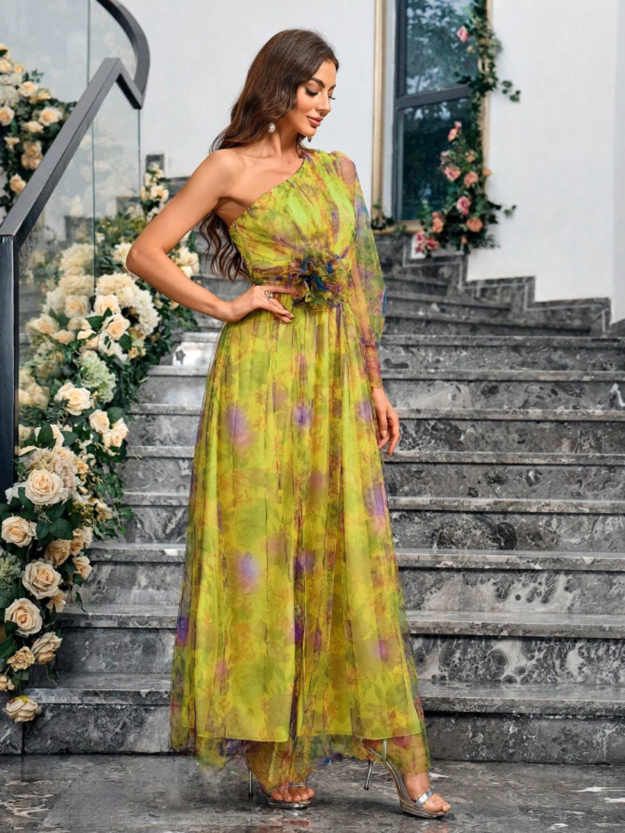 Sophisticated Floral One Shoulder Bishop Sleeve Contrast Mesh Belt Detail Maxi Dress-Free Shipping