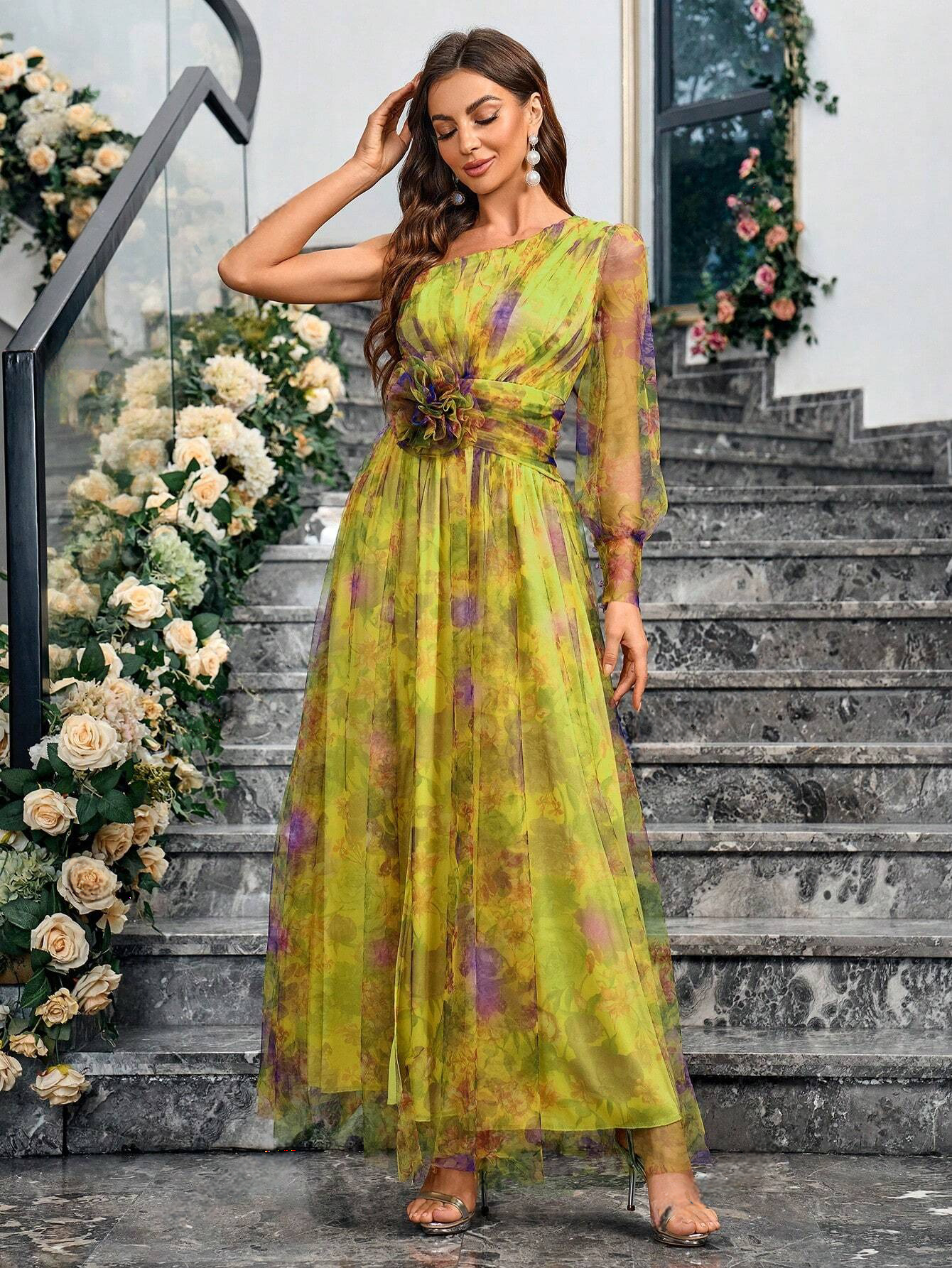 Sophisticated Floral One Shoulder Bishop Sleeve Contrast Mesh Belt Detail Maxi Dress-Free Shipping