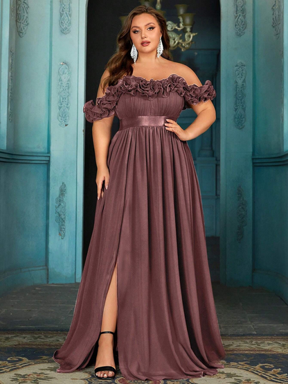 Beautiful Plus Size Deep Green Ruffle Off-Shoulder Cinched Waist Ball Gown with High Slit-Free Shipping