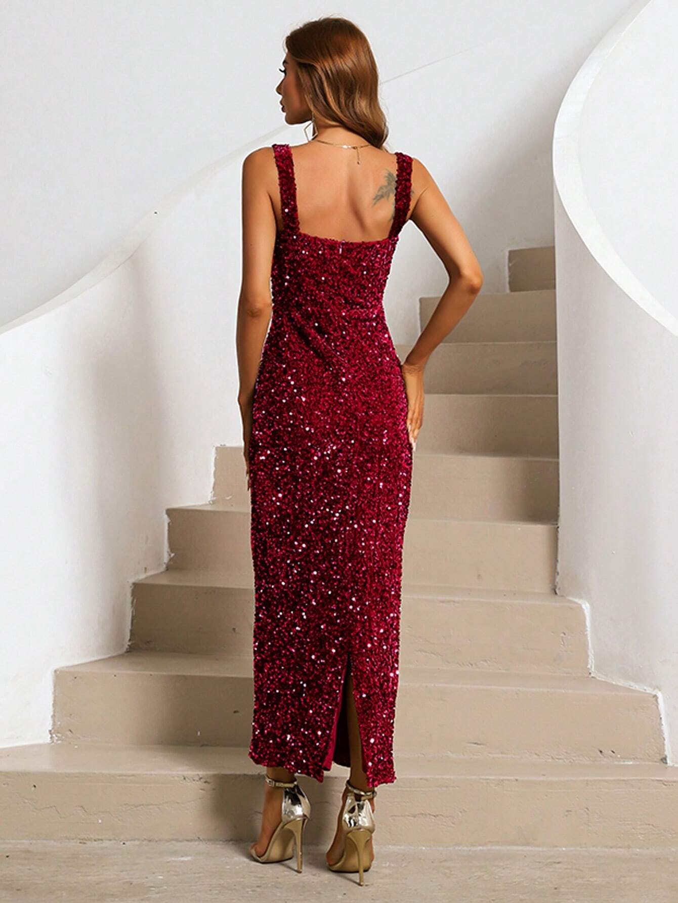 Glamour and Elegance Combined: Red Square Neck Form-Fitting Sequin Long Dress - Free Shipping