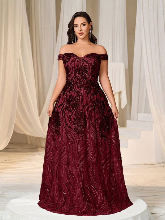 Glamorous Burgundy Plus Size Off-Shoulder Sweetheart Sequin Long Maxi  Dress-Free Shipping