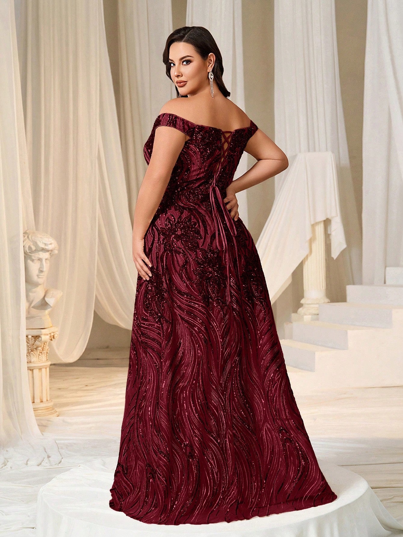 Glamorous Plus Size Mauve Off-Shoulder Sweetheart Sequin Long Maxi Dress-Free Shipping