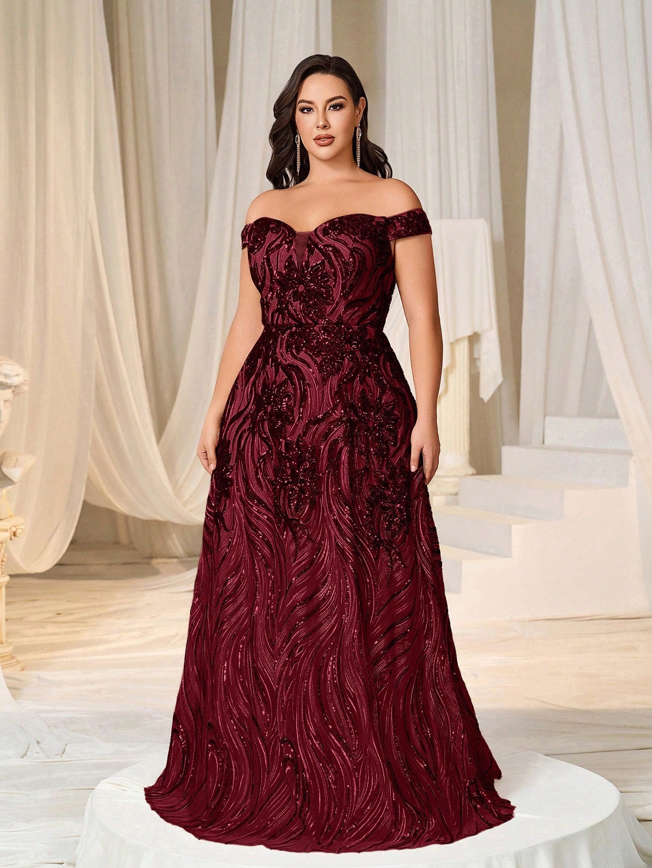 Glamorous Plus Size Mauve Off-Shoulder Sweetheart Sequin Long Maxi Dress-Free Shipping