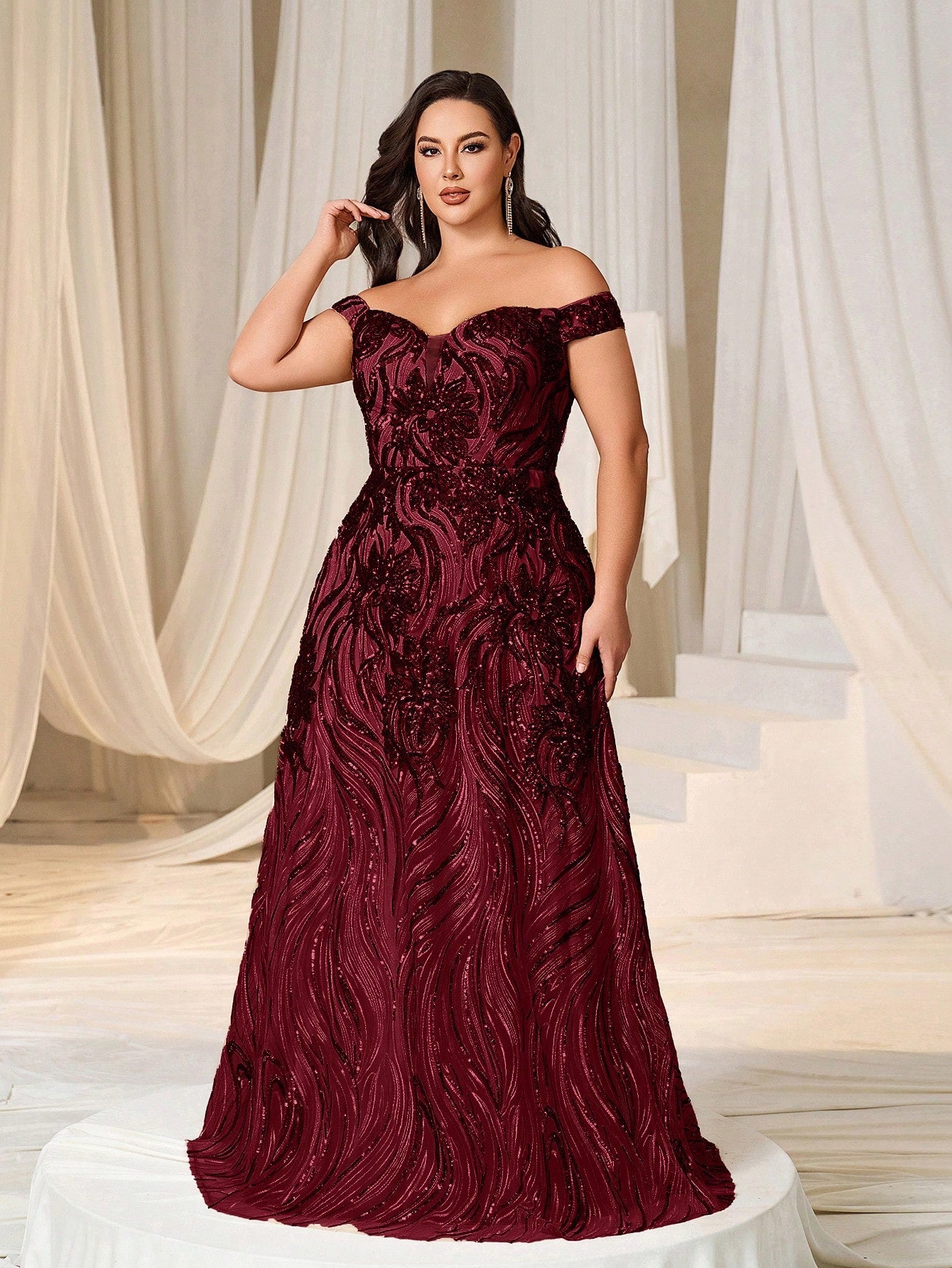 Glamorous Plus Size Mauve Off-Shoulder Sweetheart Sequin Long Maxi Dress-Free Shipping