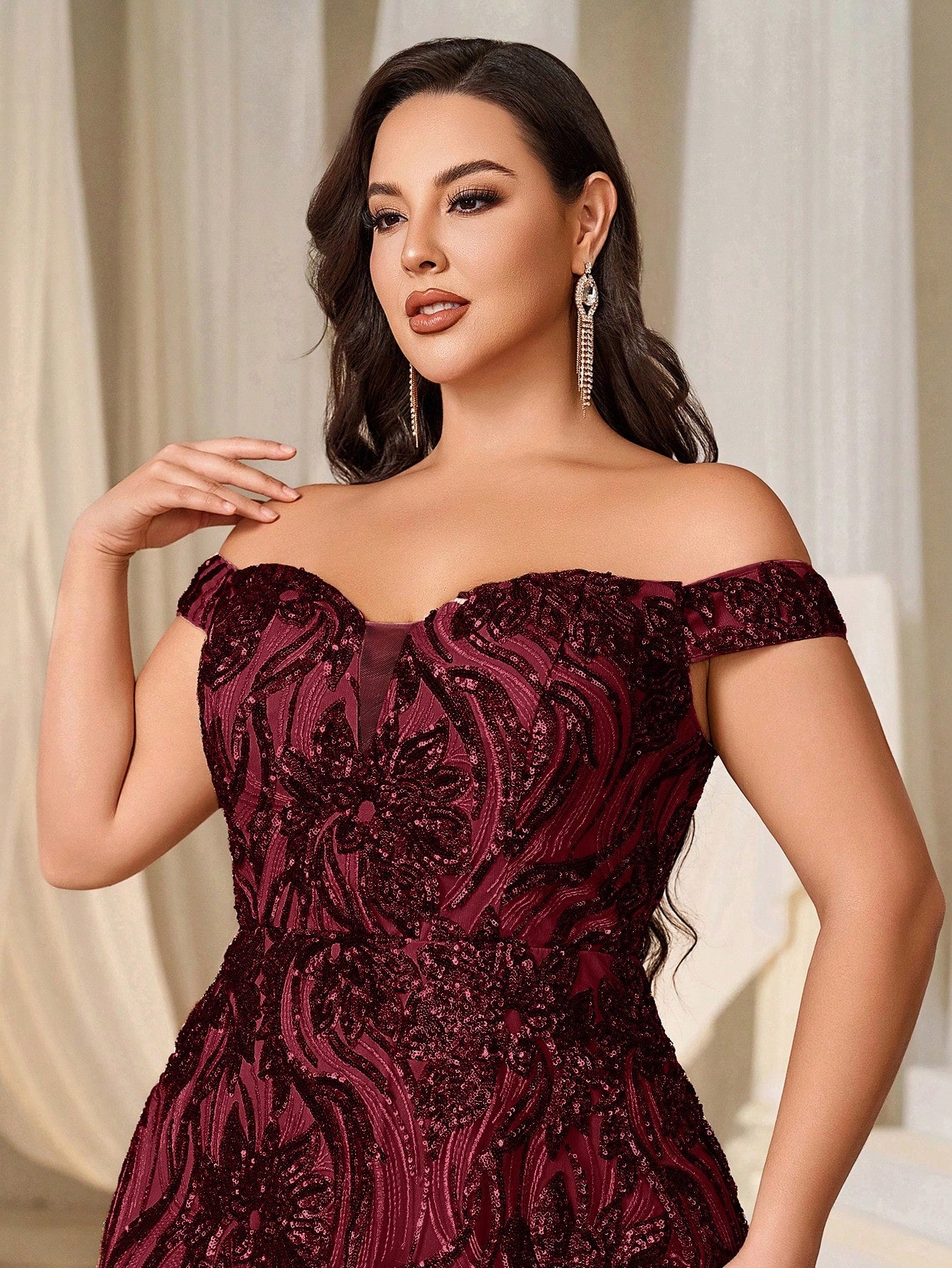 Glamorous Plus Size Mauve Off-Shoulder Sweetheart Sequin Long Maxi Dress-Free Shipping