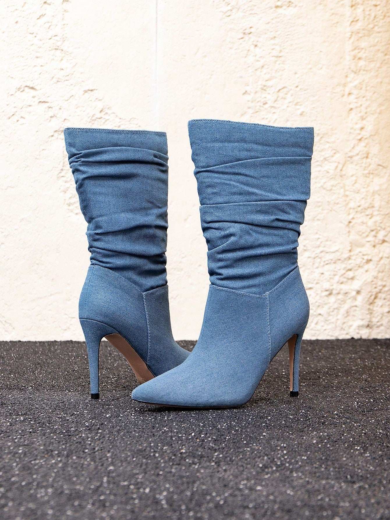 Chic Blue Denim Pointed-Toe Ruched Mid-Calf Boots-Free Shipping