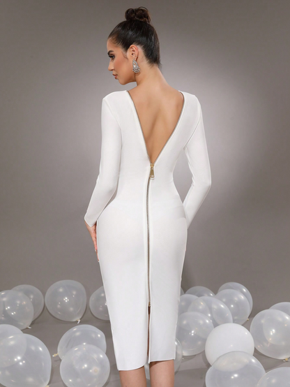 Classic Sexy Long Sleeve Back Zipper Bodycon Bandage Midi Dress - Free Shipping