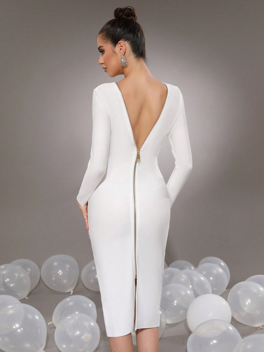 Classic Elegance White Long Sleeve Back Zipper Bodycon Bandage Midi Dress-Free Shipping