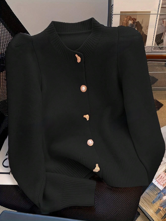 Sophisticated Black Knit Cardigan Warm Stylish Unique Buttons-Free Shipping