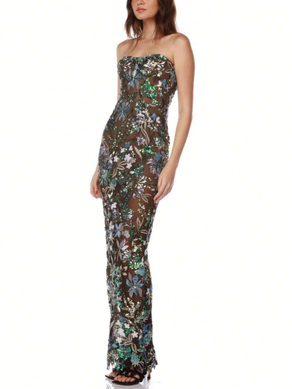 Elegant Floral Embroidered Strapless Sequined Bodycon Zipper Dress-Free Shipping