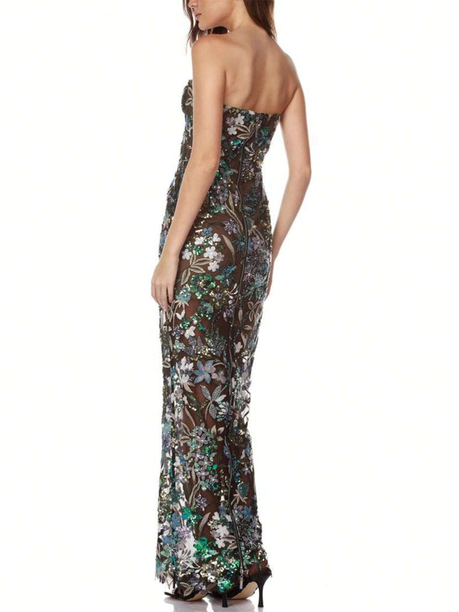 floral embroidered strapless sequined bodycon dress