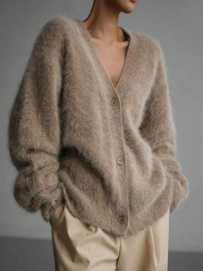 Chic Drop Shoulder Long Sleeve Single-Breasted Faux Fur Knit Sweater Cardigan-Free Shipping