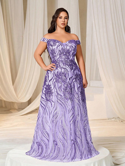 Glamorous Plus Size Mauve Off-Shoulder Sweetheart Sequin Long Maxi Dress-Free Shipping