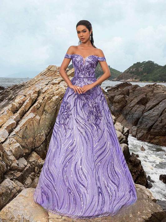 Stunning Purple Off-Shoulder Sweetheart Sequin A-Line Long Dress-Free Shipping