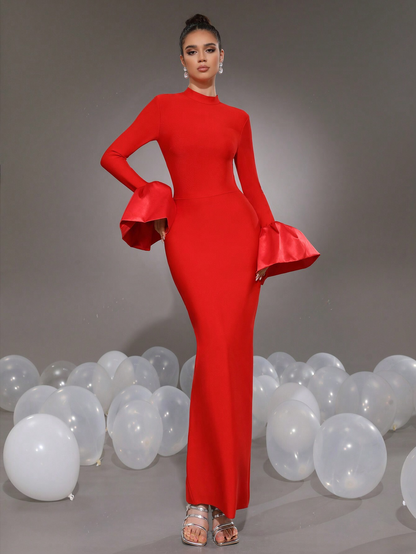 Elegant Red Pencil Bodycon Bell Sleeves Stand Collar Long Dress - Free Shipping