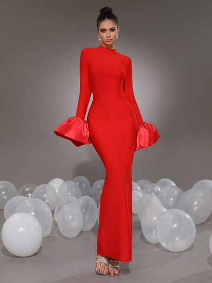 Elegant Red Pencil Bodycon Bell Sleeves Stand Collar Long Dress - Free Shipping