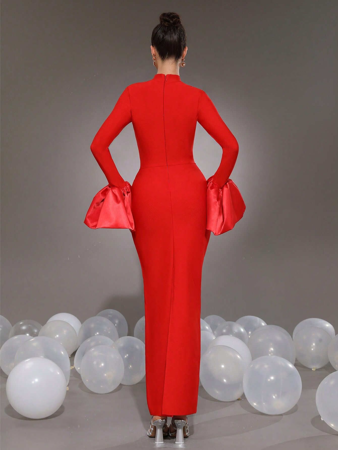 Elegant Red Pencil Bodycon Bell Sleeves Stand Collar Long Dress - Free Shipping