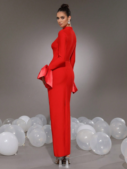 Elegant Red Pencil Bodycon Bell Sleeves Stand Collar Long Dress - Free Shipping