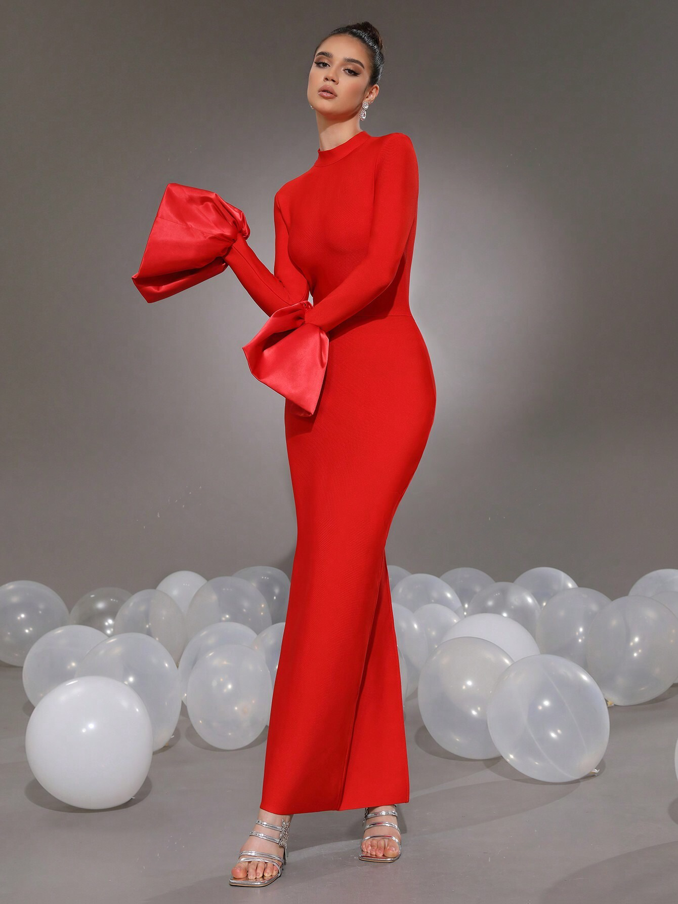 Elegant Red Pencil Bodycon Bell Sleeves Stand Collar Long Dress - Free Shipping