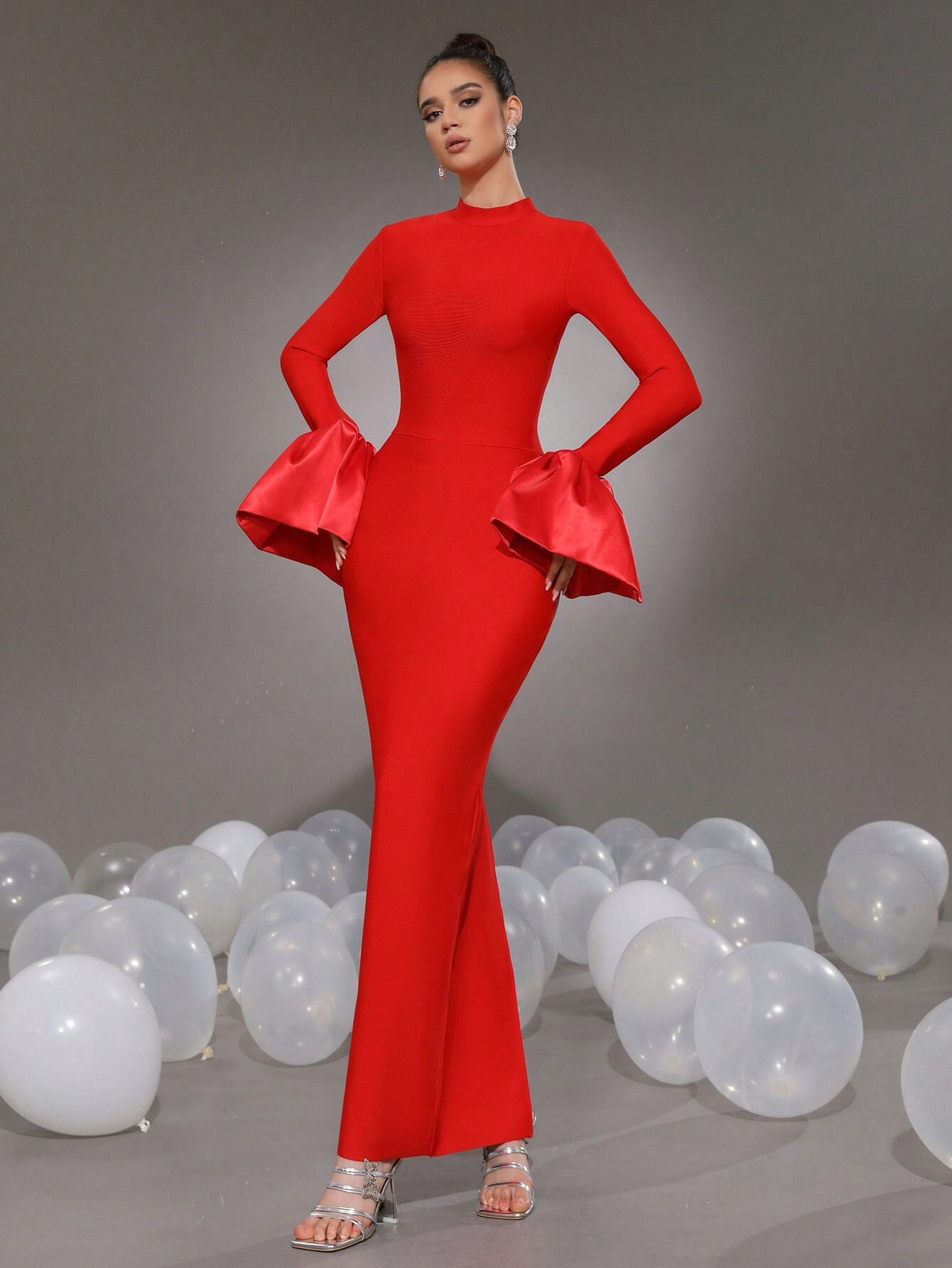 Elegant Red Pencil Bodycon Bell Sleeves Stand Collar Long Dress - Free Shipping