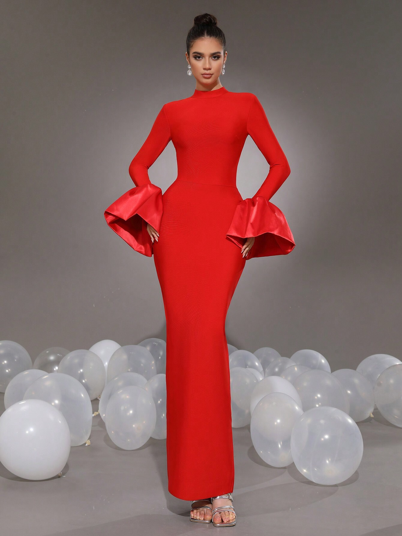 Elegant Red Pencil Bodycon Bell Sleeves Stand Collar Long Dress - Free Shipping