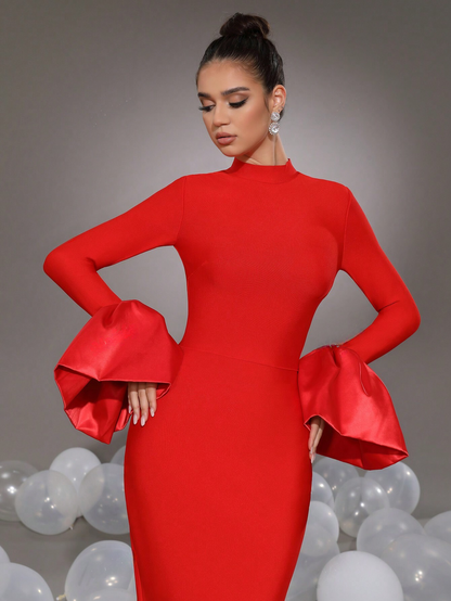 Elegant Red Pencil Bodycon Bell Sleeves Stand Collar Long Dress - Free Shipping