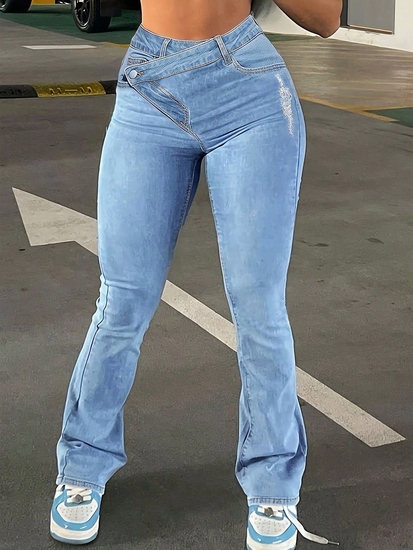 Chic Asymmetrical Cross Design High-Waisted Bell Bottom Jeans for Effortless Style-Free Shipping