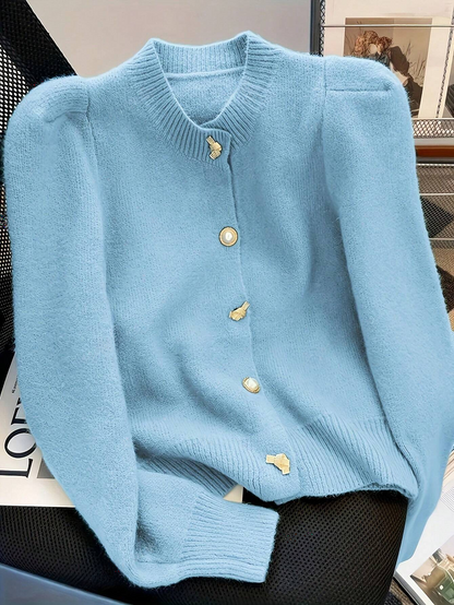 Sophisticated Blue Knit Cardigan Warm Stylish Unique Buttons-Free Shipping