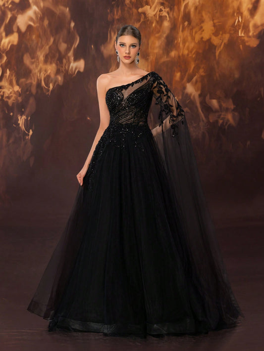 Elegant Black One-Shoulder Tulle Evening Gown – Hand-Beaded Romantic Floral Applique-Free Shipping