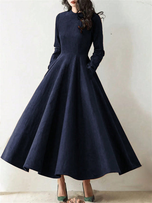 Stylish Navy Blue Corduroy Long Sleeve Pocket Fit Flare Maxi Dress-Free Shipping