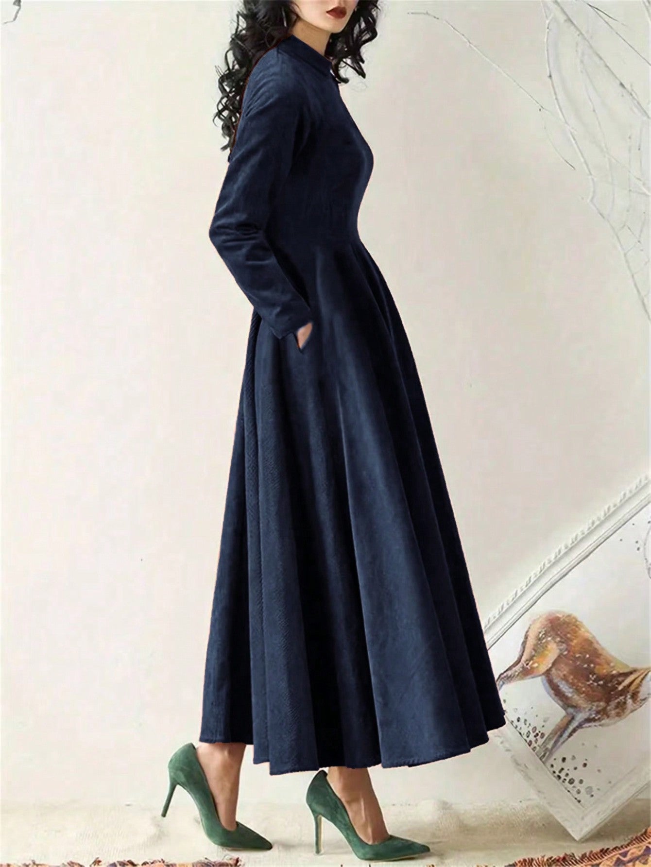 Stylish Brown Corduroy Long Sleeve Pocket Fit Flare Maxi Dress-Free Shipping