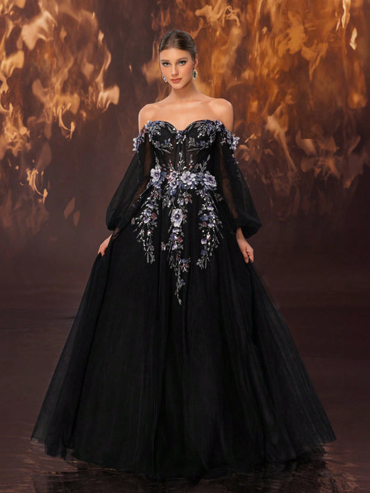 Elegant Off-Shoulder Lace Applique Luxurious Evening Gown with Lantern Sleeve-Free Shipping