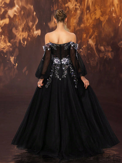 Elegant Off-Shoulder Lace Applique Luxurious Evening Gown with Lantern Sleeve-Free Shipping