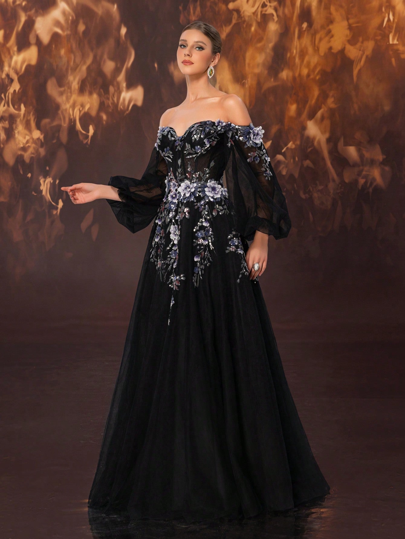 Elegant Off-Shoulder Lace Applique Luxurious Evening Gown with Lantern Sleeve-Free Shipping