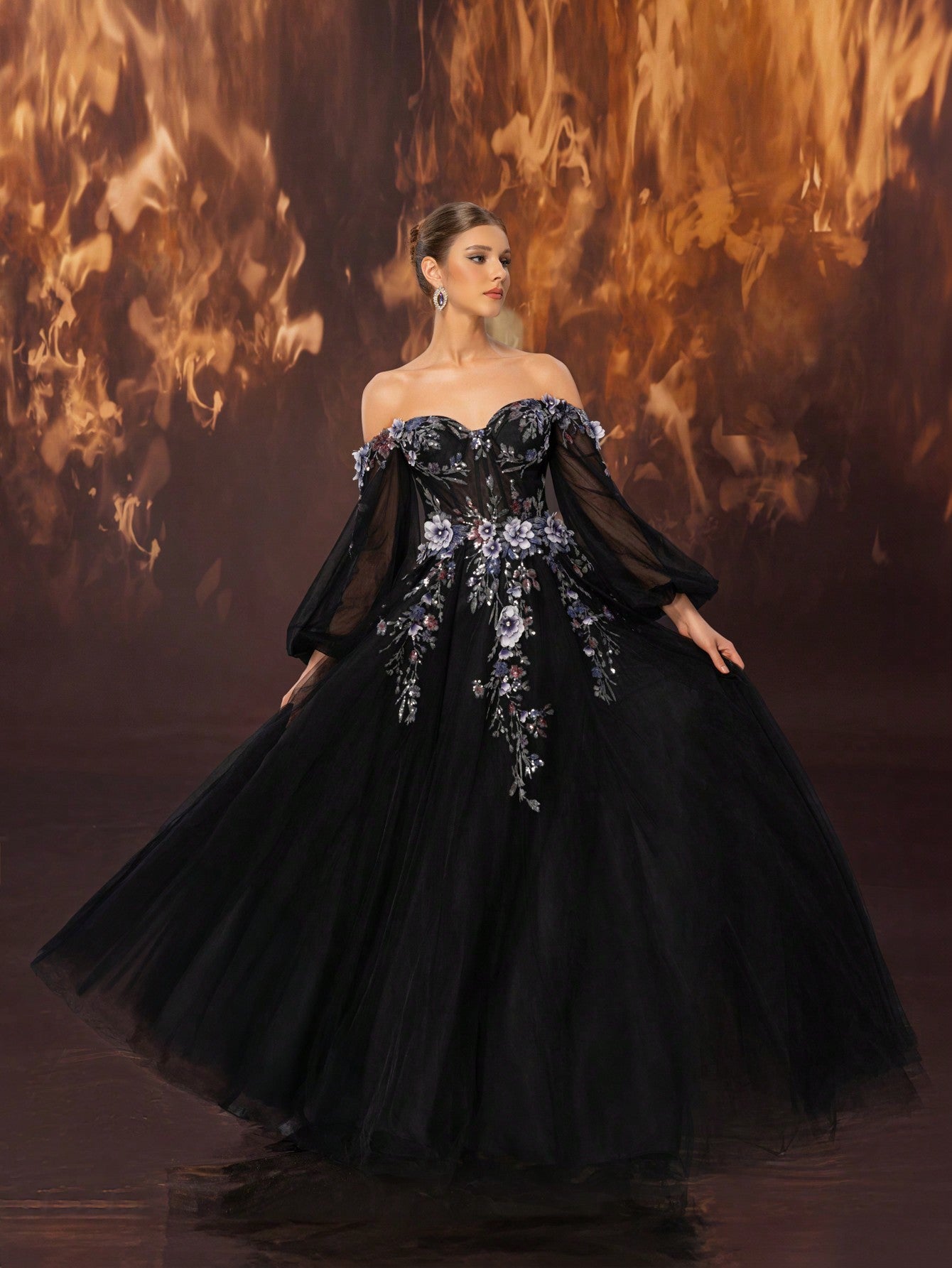 Elegant Off-Shoulder Lace Applique Luxurious Evening Gown with Lantern Sleeve-Free Shipping