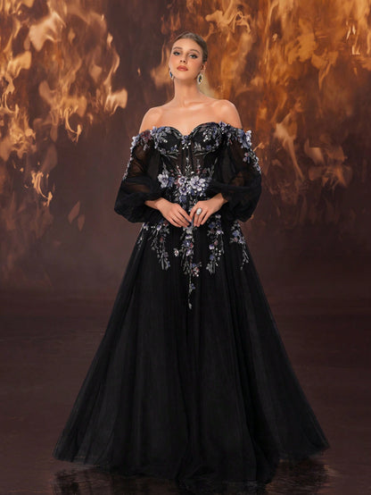 Elegant Off-Shoulder Lace Applique Luxurious Evening Gown with Lantern Sleeve-Free Shipping