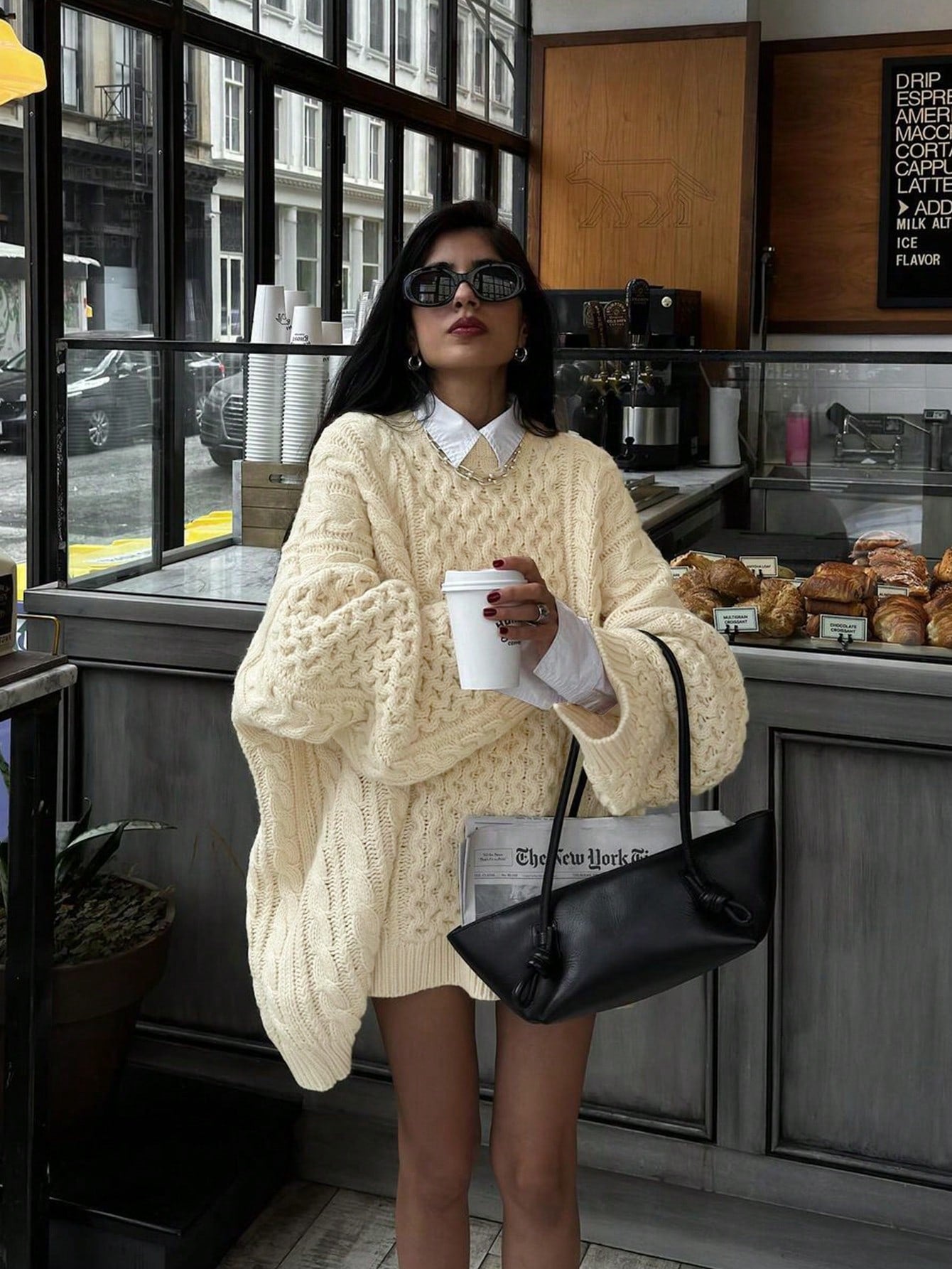 Chic Women's Solid Color Cable Knit Cozy Oversized Sweater with Drop Shoulders- Free Shipping