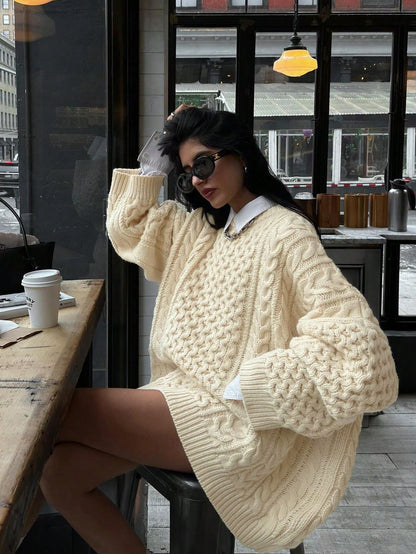 Chic Women's Solid Color Cable Knit Cozy Oversized Sweater with Drop Shoulders- Free Shipping