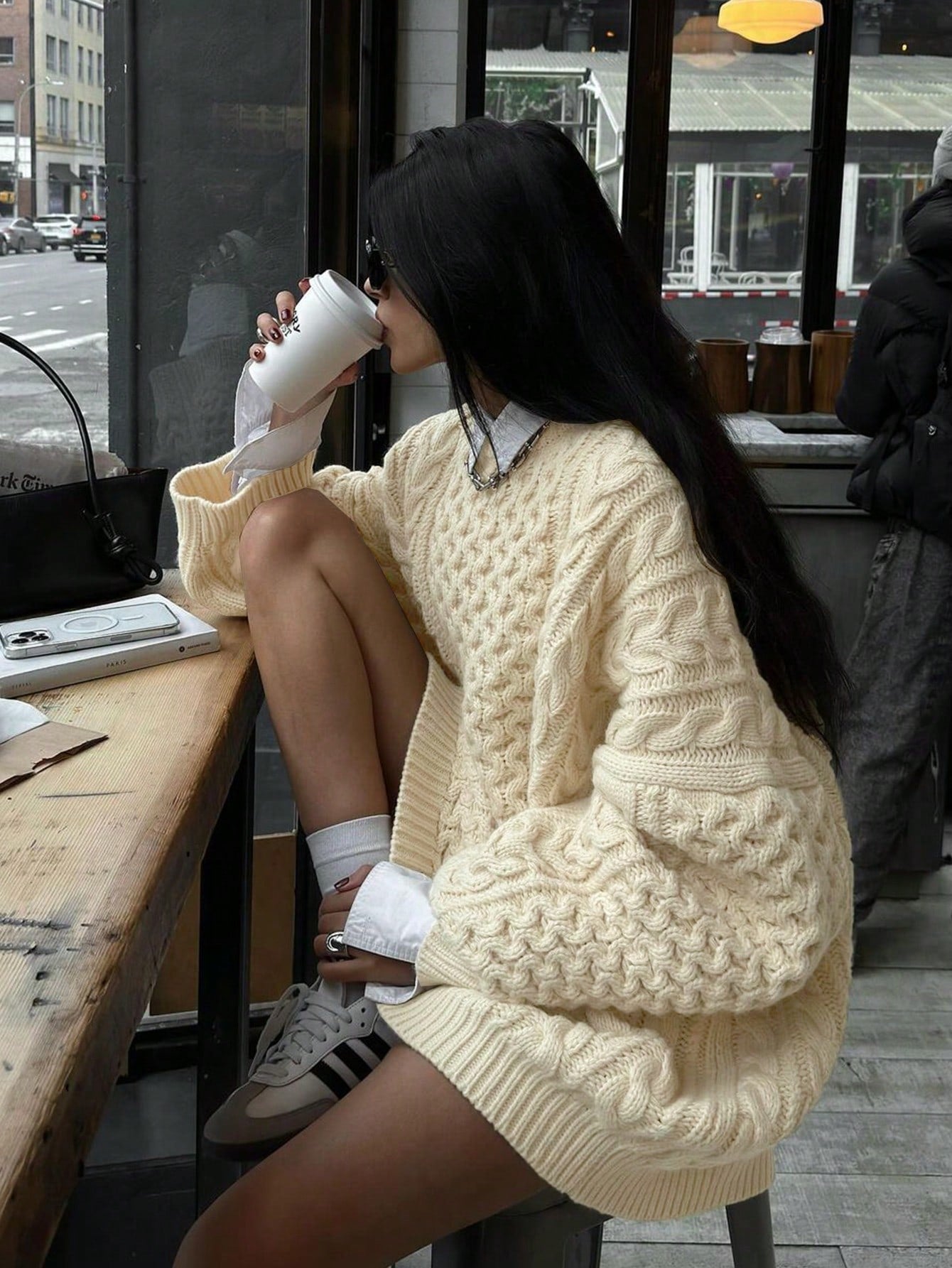 Chic Women's Solid Color Cable Knit Cozy Oversized Sweater with Drop Shoulders- Free Shipping